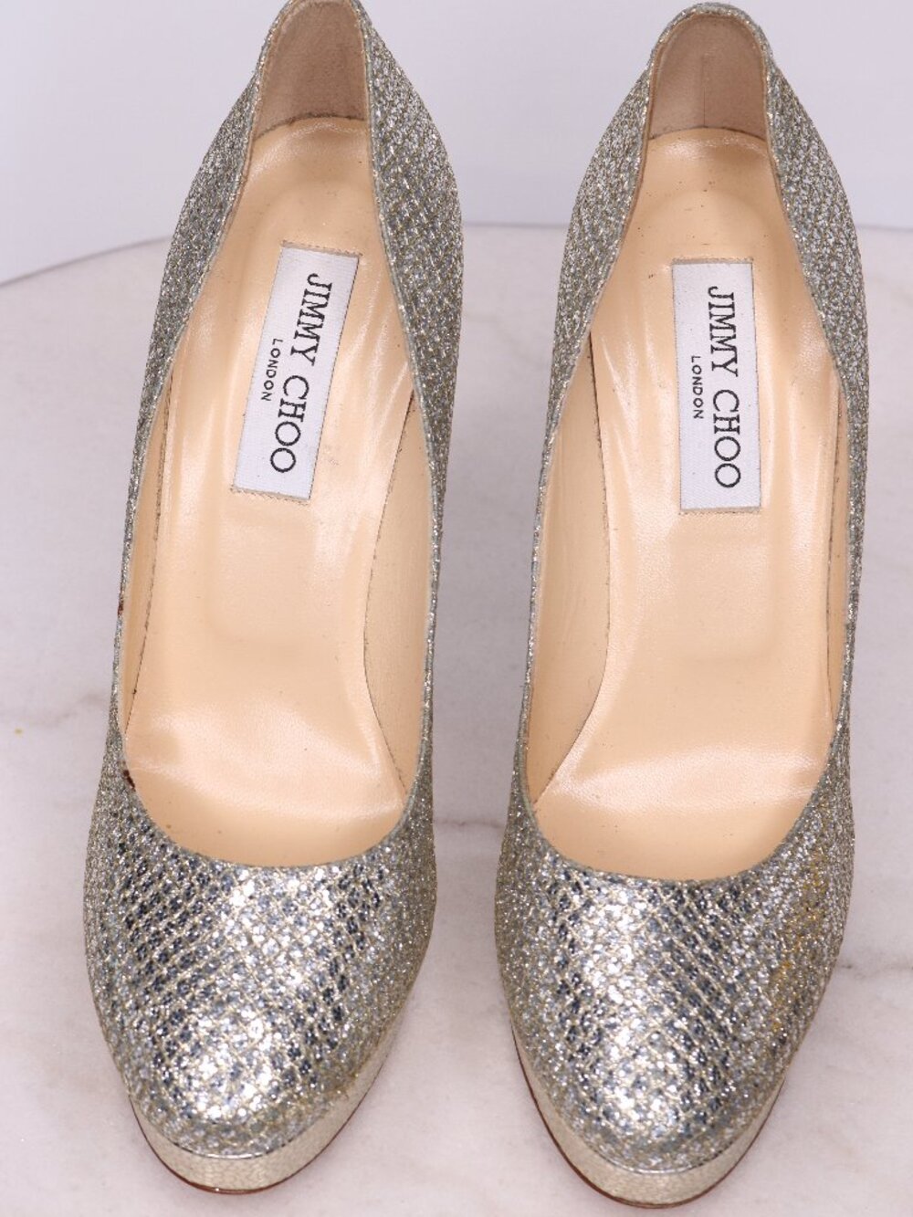 Jimmy Choo Cosmic Champagne Glitter Platform Pumps Metallic Stiletto Heels 39